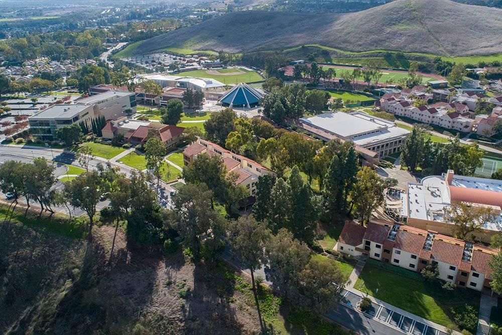 An aerial view of French Hill and the Concordia University Irvine campus 